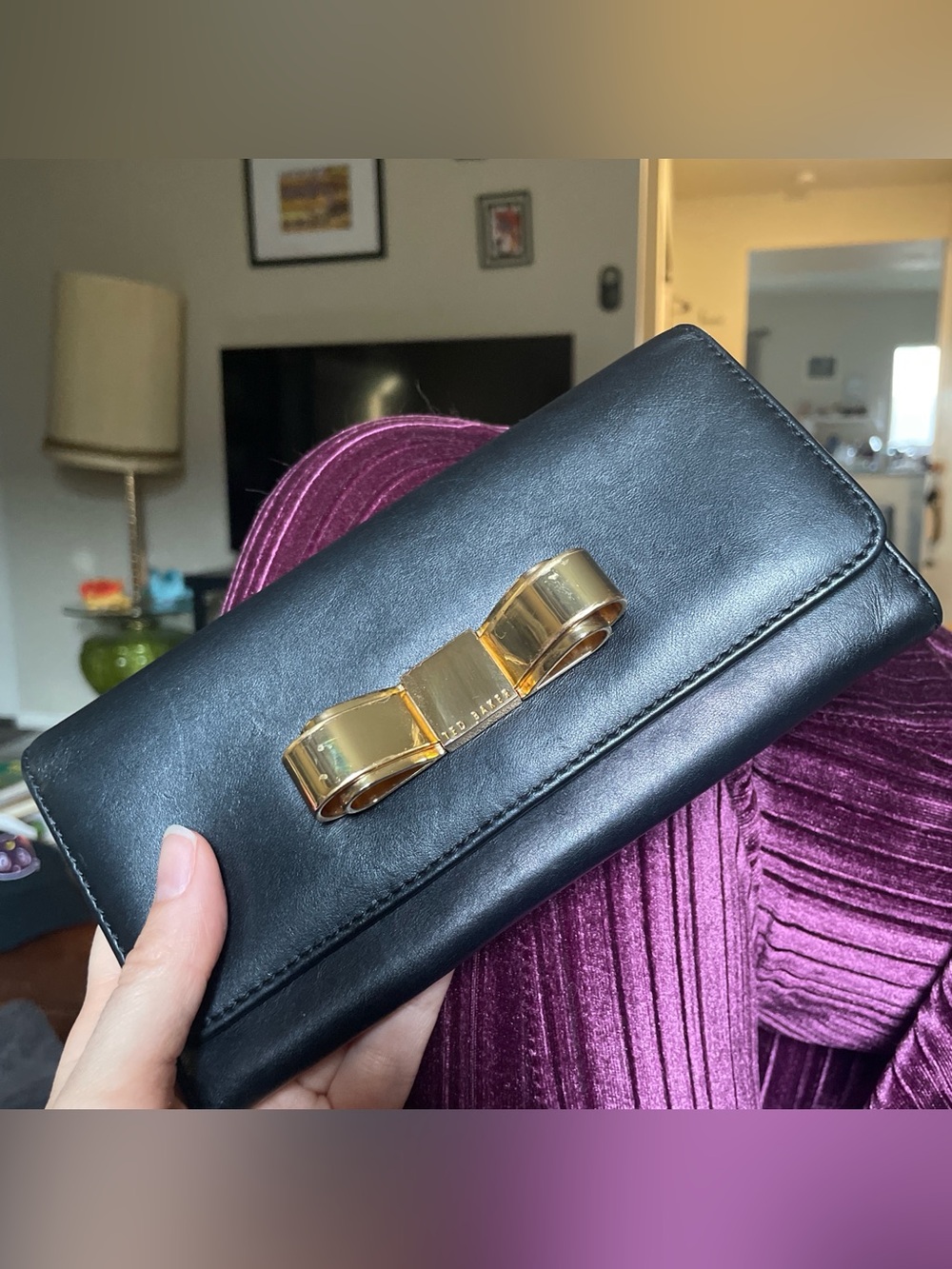 Ted Baker Black Leather Bow Clutch with Gold Hardware
